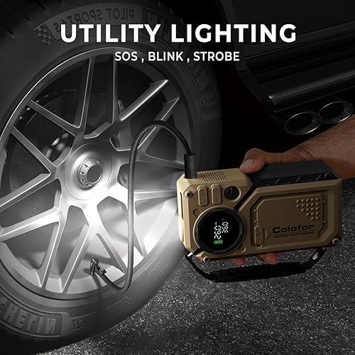 COLOFOR PORTABLE CAR JUMP STARTER WITH AIR COMPRESSOR & LED LIGHT - 2500A PEAK, 150PSI TIRE INFLATOR - 12V 18000MAH BATTERY