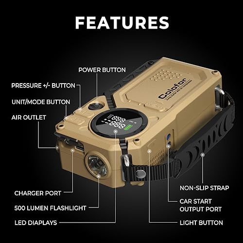 COLOFOR PORTABLE CAR JUMP STARTER WITH AIR COMPRESSOR & LED LIGHT - 2500A PEAK, 150PSI TIRE INFLATOR - 12V 18000MAH BATTERY