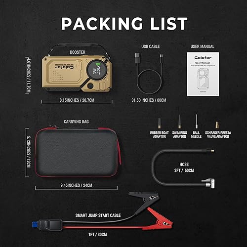 COLOFOR PORTABLE CAR JUMP STARTER WITH AIR COMPRESSOR & LED LIGHT - 2500A PEAK, 150PSI TIRE INFLATOR - 12V 18000MAH BATTERY