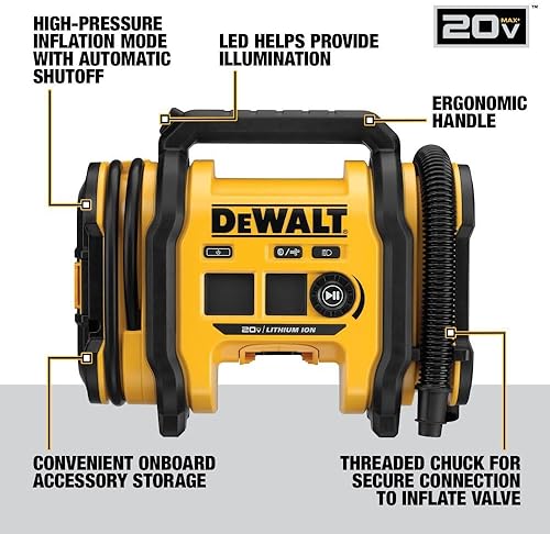 DEWALT 20V MAX PORTABLE TIRE INFLATOR AIR COMPRESSOR WITH AUTOMATIC SHUT OFF AND LED LIGHT