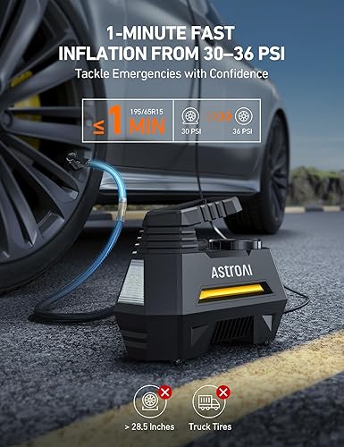 ASTROAL PORTABLE TIRE INFLATOR WITH DIGITAL GAUGE & LED LIGHT - 12V CAR AIR PUMP, YELLOW