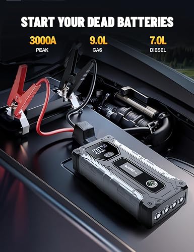 FOSHAN 3000A CAR JUMP STARTER FOR 9.0L GAS & 7.0L DIESEL ENGINES, PORTABLE 12V JUMP BOX WITH LED LIGHT