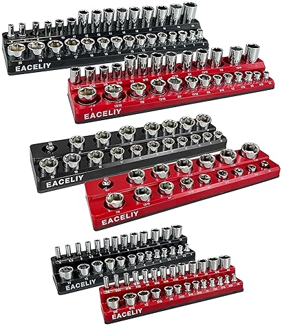 EACELIY 6-PIECE MAGNETIC SOCKET ORGANIZER SET, 1/2", 1/4" AND 3/8" SAE & METRIC DEEP & SHALLOW SOCKET HOLDER