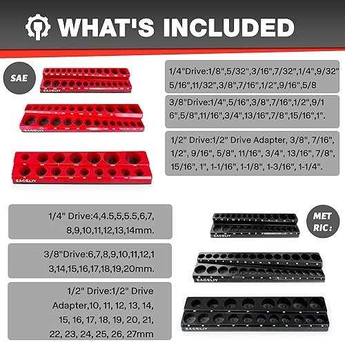 EACELIY 6-PIECE MAGNETIC SOCKET ORGANIZER SET, 1/2", 1/4" AND 3/8" SAE & METRIC DEEP & SHALLOW SOCKET HOLDER