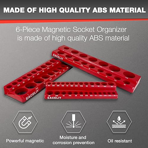 EACELIY 6-PIECE MAGNETIC SOCKET ORGANIZER SET, 1/2", 1/4" AND 3/8" SAE & METRIC DEEP & SHALLOW SOCKET HOLDER
