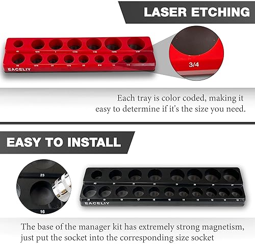 EACELIY 6-PIECE MAGNETIC SOCKET ORGANIZER SET, 1/2", 1/4" AND 3/8" SAE & METRIC DEEP & SHALLOW SOCKET HOLDER