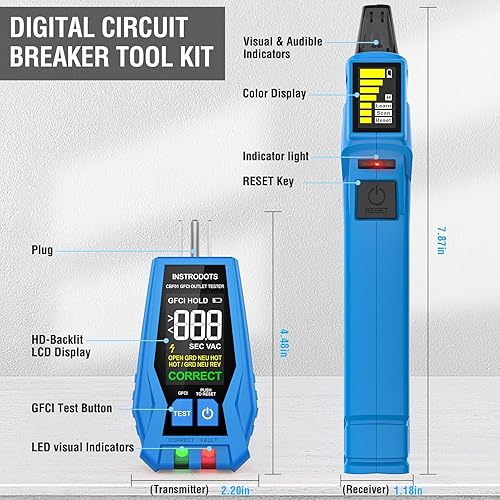 CIRCUIT BREAKER FINDER TOOL WITH ACCESSORIES, 90-135V AC DIGITAL BREAKER FINDER WITH INTEGRATED GFCI