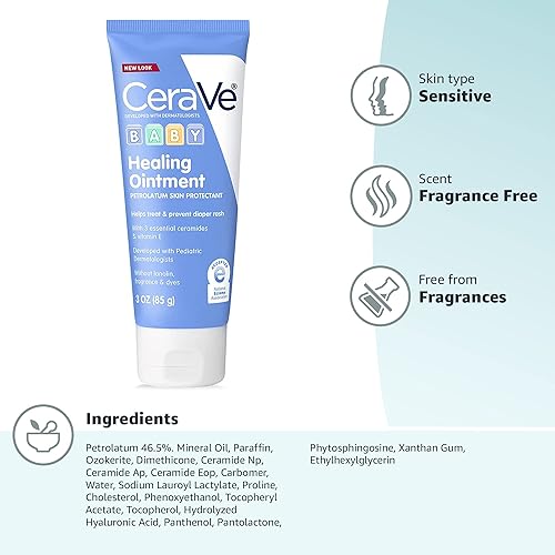 CERAVE DIAPER RASH CREAM, BABY HEALING OINTMENT FOR EXTRA DRY, CRACKED SKIN, DIAPER CREAM WITH CERAM