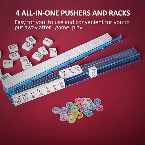 EVER TRIED AMERICAN MAHJONG SET WITH BLUE CARRYING BAG, 166 WHITE TILES, 4 ALL-IN-ONE RACK/PUSHERS, MAHJONG TIL