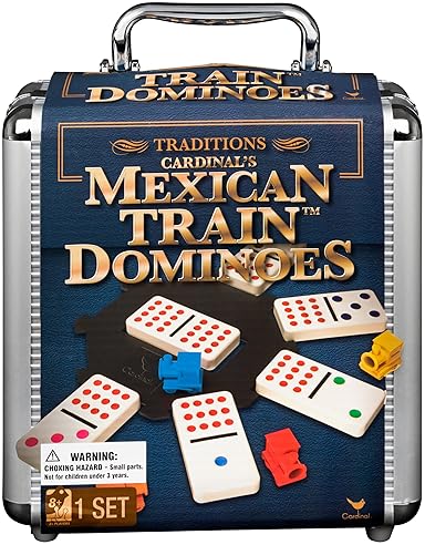 SPIN MASTER GAMES, MEXICAN TRAIN DOMINOES SET IN ALUMINUM CARRY CASE, INCLUDES COLORFUL TRAINS FOR F