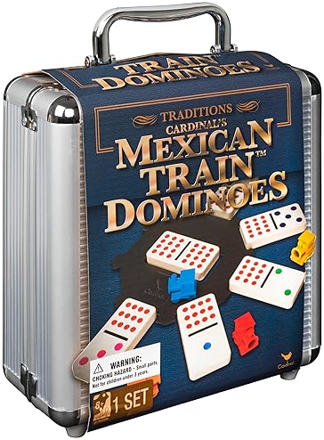 SPIN MASTER GAMES, MEXICAN TRAIN DOMINOES SET IN ALUMINUM CARRY CASE, INCLUDES COLORFUL TRAINS FOR F