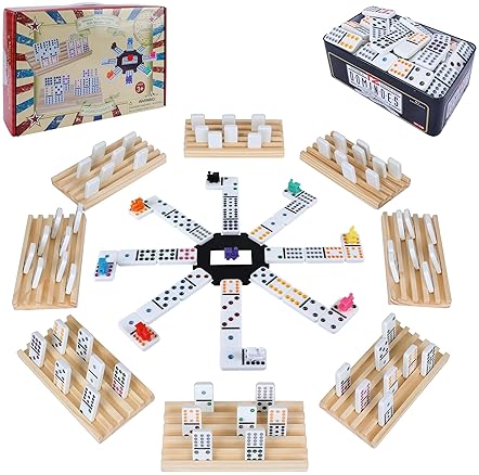 GOTHINK DOUBLE 12 MEXICAN TRAIN DOMINOES SET FOR ADULTS WITH 8PCS WOODEN TRAYS, 9 TRAIN MARKERS, 91 COLOR DO