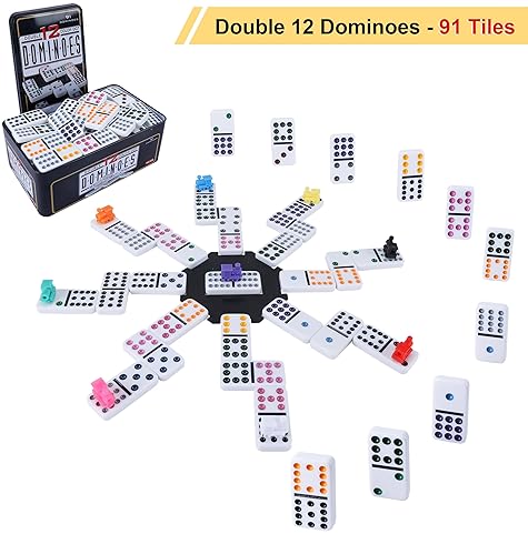 GOTHINK DOUBLE 12 MEXICAN TRAIN DOMINOES SET FOR ADULTS WITH 8PCS WOODEN TRAYS, 9 TRAIN MARKERS, 91 COLOR DO
