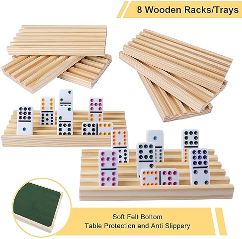 GOTHINK DOUBLE 12 MEXICAN TRAIN DOMINOES SET FOR ADULTS WITH 8PCS WOODEN TRAYS, 9 TRAIN MARKERS, 91 COLOR DO