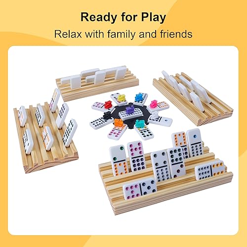 GOTHINK DOUBLE 12 MEXICAN TRAIN DOMINOES SET FOR ADULTS WITH 8PCS WOODEN TRAYS, 9 TRAIN MARKERS, 91 COLOR DO