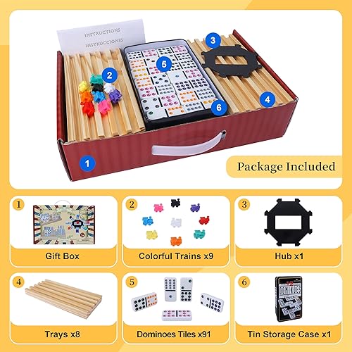 GOTHINK DOUBLE 12 MEXICAN TRAIN DOMINOES SET FOR ADULTS WITH 8PCS WOODEN TRAYS, 9 TRAIN MARKERS, 91 COLOR DO