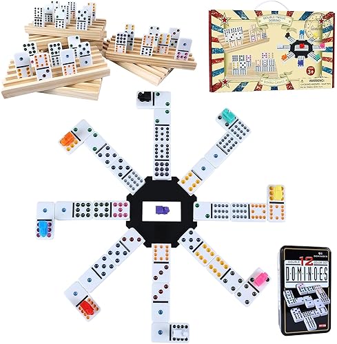 GOTHINK DOUBLE 12 MEXICAN TRAIN DOMINOES SET FOR ADULTS WITH 8PCS WOODEN TRAYS, 9 TRAIN MARKERS, 91 COLOR DO