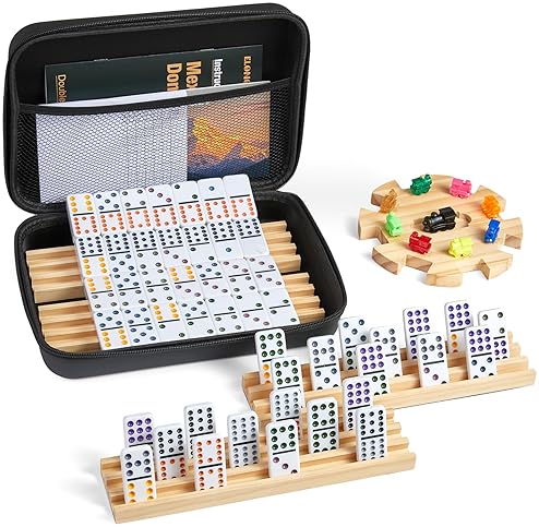 ELONGDI MEXICAN TRAIN DOUBLE 12 DOMINOES SET WITH 4 WOODEN TRAYS/RACKS IN PORTABLE CARRYING CASE COLORFUL 91