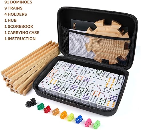 ELONGDI MEXICAN TRAIN DOUBLE 12 DOMINOES SET WITH 4 WOODEN TRAYS/RACKS IN PORTABLE CARRYING CASE COLORFUL 91