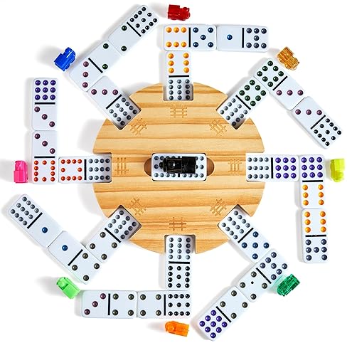 ELONGDI MEXICAN TRAIN DOUBLE 12 DOMINOES SET WITH 4 WOODEN TRAYS/RACKS IN PORTABLE CARRYING CASE COLORFUL 91