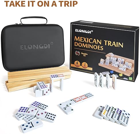 ELONGDI MEXICAN TRAIN DOUBLE 12 DOMINOES SET WITH 4 WOODEN TRAYS/RACKS IN PORTABLE CARRYING CASE COLORFUL 91