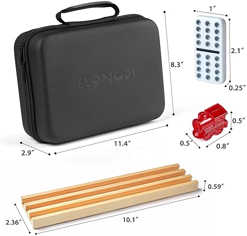 ELONGDI MEXICAN TRAIN DOUBLE 12 DOMINOES SET WITH 4 WOODEN TRAYS/RACKS IN PORTABLE CARRYING CASE COLORFUL 91