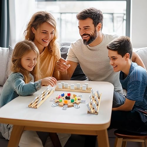 ELONGDI MEXICAN TRAIN DOUBLE 12 DOMINOES SET WITH 4 WOODEN TRAYS/RACKS IN PORTABLE CARRYING CASE COLORFUL 91