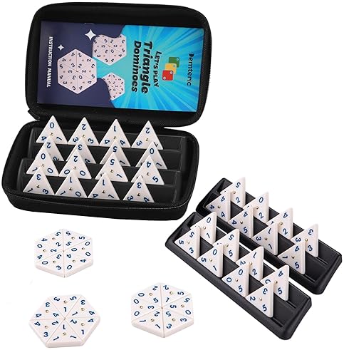 DEMTERIC TRIANGLE DOMINO GAME SET WITH 4 HOLDERS TRAVEL CASE | 56 UPGRATED TRIANGULAR TILES FOR KIDS, PORTABL
