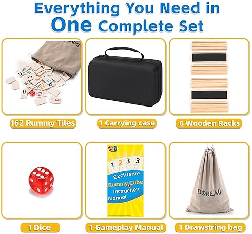 DOREIMI MELAMINE UPGRADED RUMMY CUBE GAME SET 6 PLAYS WITH 6 WOODEN HOLDERS AND 162 RUMMY TILES, TRAVEL AND