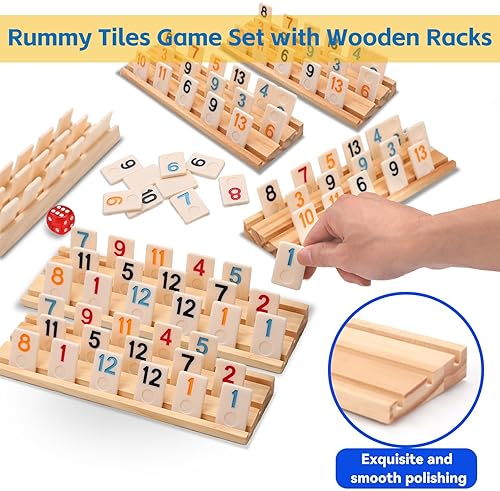 DOREIMI MELAMINE UPGRADED RUMMY CUBE GAME SET 6 PLAYS WITH 6 WOODEN HOLDERS AND 162 RUMMY TILES, TRAVEL AND
