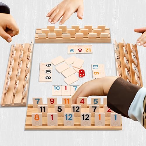 DOREIMI MELAMINE UPGRADED RUMMY CUBE GAME SET 6 PLAYS WITH 6 WOODEN HOLDERS AND 162 RUMMY TILES, TRAVEL AND