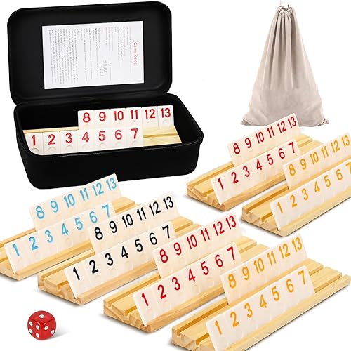 SOOPOTAY  UPGRADED 6 PLAYERS RUMMY GAME WITH 6 WOODEN RACKS, 160 MELAMINE TILES, DRAWSTRING BAG, PREMIUM PORTA