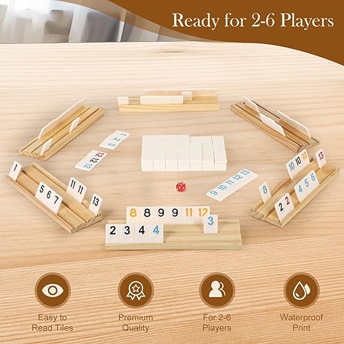SOOPOTAY  UPGRADED 6 PLAYERS RUMMY GAME WITH 6 WOODEN RACKS, 160 MELAMINE TILES, DRAWSTRING BAG, PREMIUM PORTA