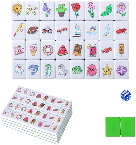 GRACIAS 4 PLAYERS MAHJONG BLOCK SET, 128 GREEN TILES(1.18”) WITH 4 DIFFERENT PATTERNS, PORTABLE MAHJ