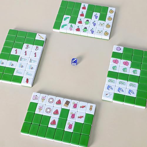 GRACIAS 4 PLAYERS MAHJONG BLOCK SET, 128 GREEN TILES(1.18”) WITH 4 DIFFERENT PATTERNS, PORTABLE MAHJ