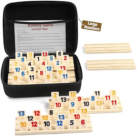 RUMMY CUBE 6 PLAYER EDITION WITH 6 WOODEN RACKS/TRAYS, 160 LARGE NUMBERS RUMMY TILES SET WITH ZIPPER