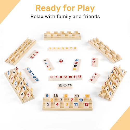 RUMMY CUBE 6 PLAYER EDITION WITH 6 WOODEN RACKS/TRAYS, 160 LARGE NUMBERS RUMMY TILES SET WITH ZIPPER