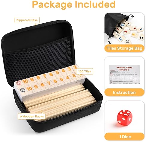 RUMMY CUBE 6 PLAYER EDITION WITH 6 WOODEN RACKS/TRAYS, 160 LARGE NUMBERS RUMMY TILES SET WITH ZIPPER