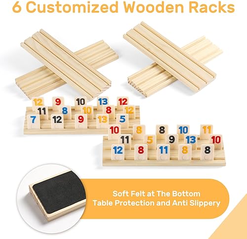 RUMMY CUBE 6 PLAYER EDITION WITH 6 WOODEN RACKS/TRAYS, 160 LARGE NUMBERS RUMMY TILES SET WITH ZIPPER