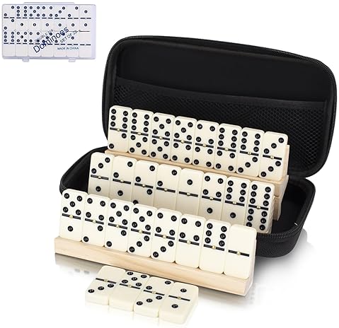 LOVITERRA DOUBLE 6 DOMINOS SET FOR ADULTS, DURABLE 28 TILES DOMINOS WITH 4 WOODEN RACKS AND CARRYING CASE,CLAS