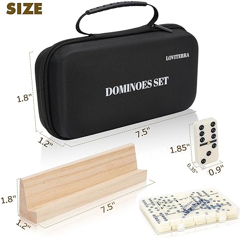 LOVITERRA DOUBLE 6 DOMINOS SET FOR ADULTS, DURABLE 28 TILES DOMINOS WITH 4 WOODEN RACKS AND CARRYING CASE,CLAS