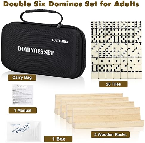 LOVITERRA DOUBLE 6 DOMINOS SET FOR ADULTS, DURABLE 28 TILES DOMINOS WITH 4 WOODEN RACKS AND CARRYING CASE,CLAS