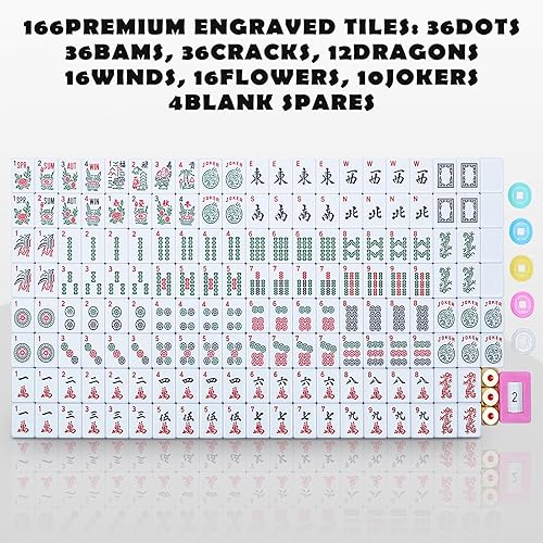 TAIKULA NEW AMERICAN MAHJONG GAME SET,166 PREMIUM WHITE TILES WITH PORTABLE METAL DICES，4 ALL-IN-ONE RACKS W