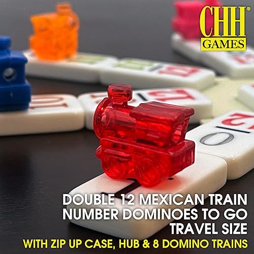 CHH DOUBLE 12 MEXICAN TRAIN NUMBER DOMINOES – TRAVEL SIZE WITH ZIP UP CASE, HUB & 8 DOMINO TRAINS –