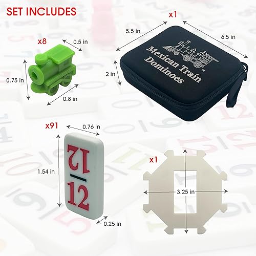 CHH DOUBLE 12 MEXICAN TRAIN NUMBER DOMINOES – TRAVEL SIZE WITH ZIP UP CASE, HUB & 8 DOMINO TRAINS –