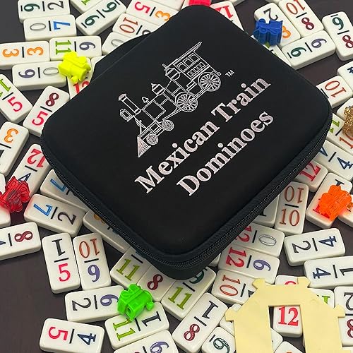 CHH DOUBLE 12 MEXICAN TRAIN NUMBER DOMINOES – TRAVEL SIZE WITH ZIP UP CASE, HUB & 8 DOMINO TRAINS –