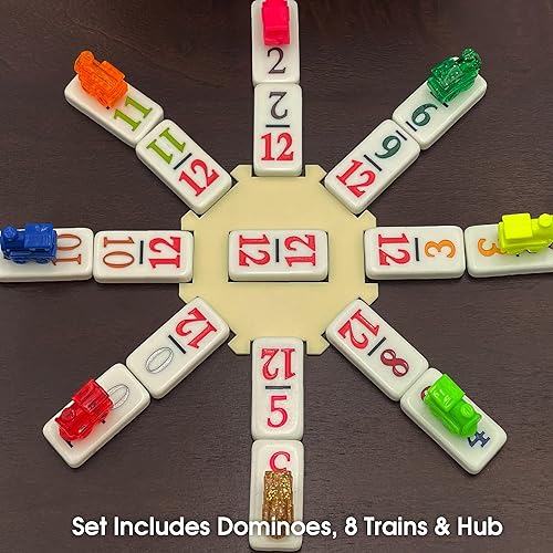 CHH DOUBLE 12 MEXICAN TRAIN NUMBER DOMINOES – TRAVEL SIZE WITH ZIP UP CASE, HUB & 8 DOMINO TRAINS –