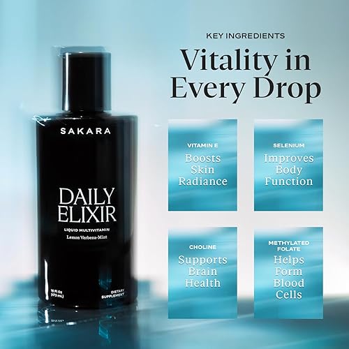 SAKARA DAILY ELIXIR LIQUID MULTIVITAMIN - PLANT-BASED FORMULA FOR RADIANT SKIN & COGNITIVE HEALTH - VITAMIN E & SELENIUM - LEMON VERBENA-MINT, 16 FL OZ'