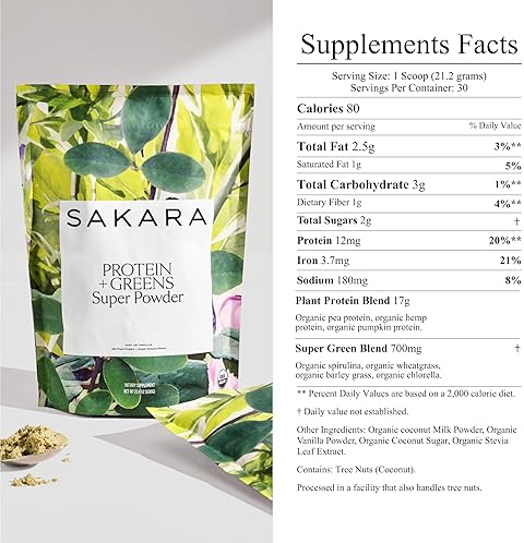 SAKARA ORGANIC PROTEIN + GREENS SUPER POWDER, 30 SERVINGS - HEMP, PUMPKIN, PEA PROTEIN, WHEAT GRASS & SPIRULINA SUPERFOOD, VEGAN BLEND