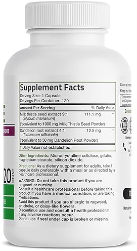 BRONSON MILK THISTLE DANDELION ROOT CAPSULES LIVER DETOX, ANTIOXIDANT SUPPORT, 120 COUNT